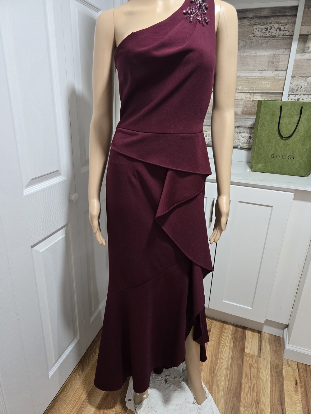 One-Shoulder Burgundy Ruffle Cocktail Dress